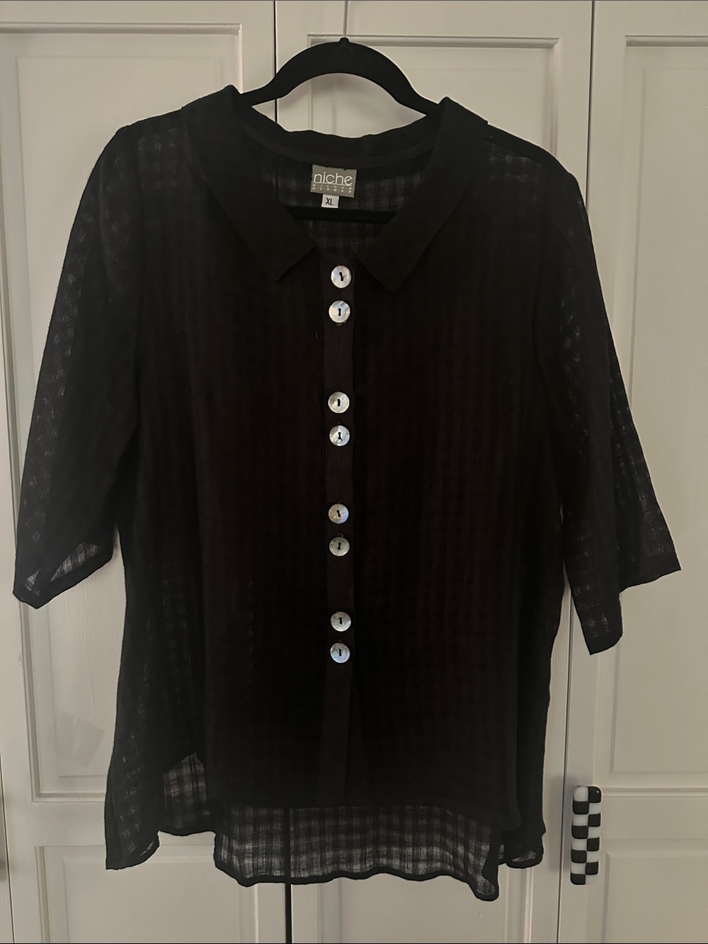 Niche by Nilgun Derman Black Button Front Blouse Tunic High-Low, Size XL